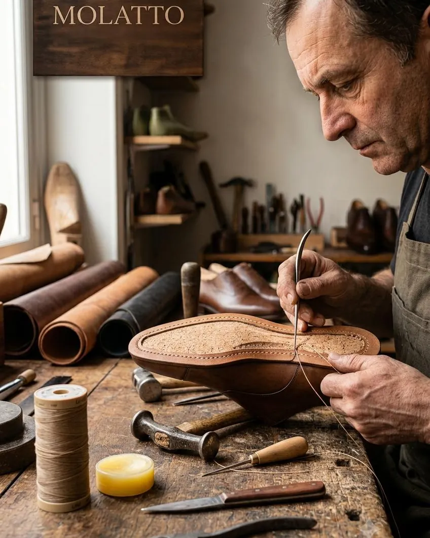 Tranche cousue Goodyear d’un soulier MOLATTO
